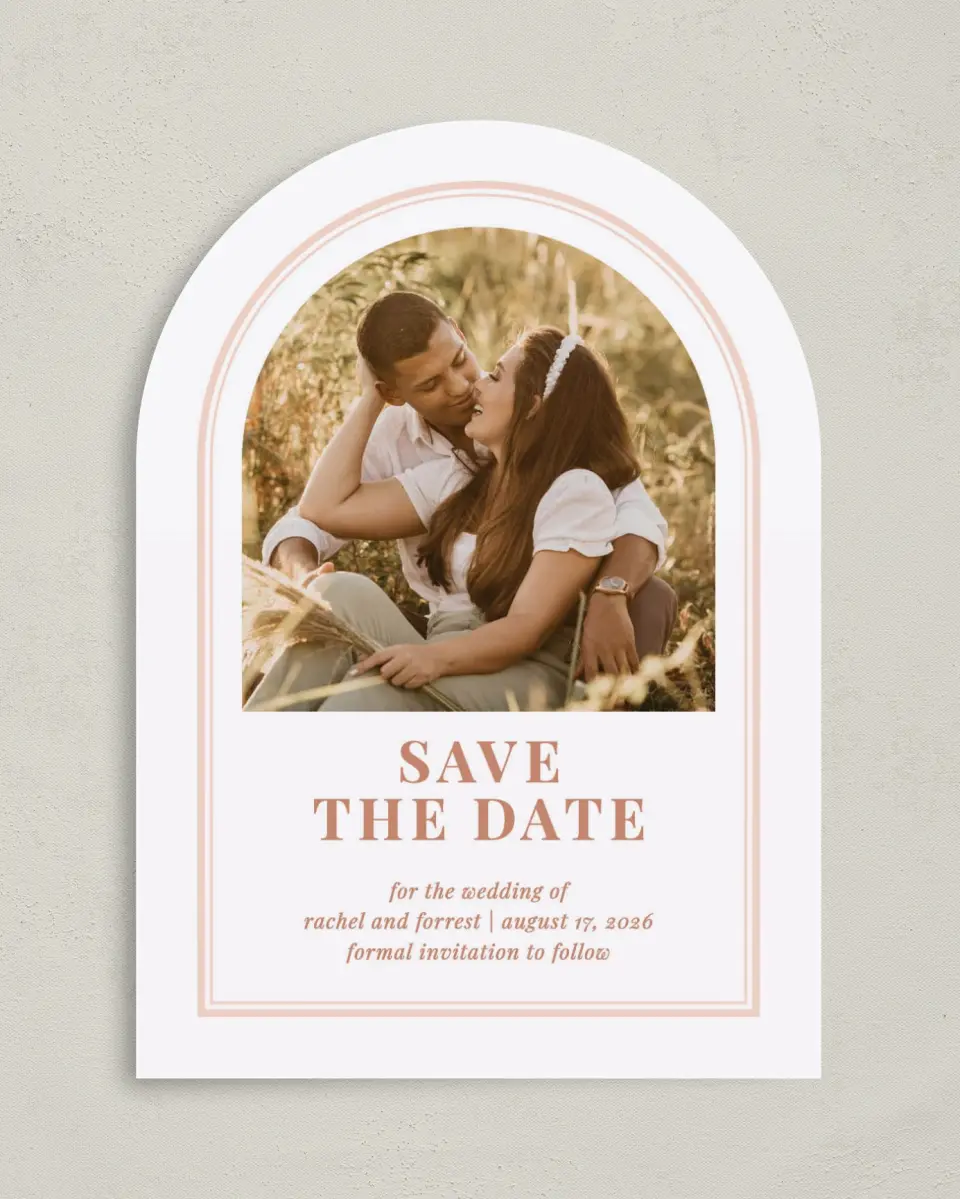 This is a 5" x 7" Arch Save the Date called Gorgeous Blush printed in full color on Premium Smooth paper