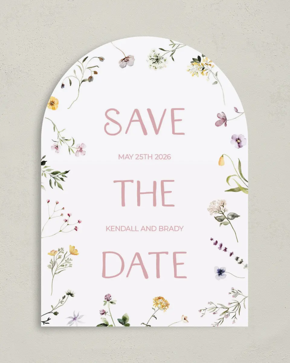 This is a 5" x 7" Arch Save the Date called Efflorescence printed in full color on Premium Smooth paper