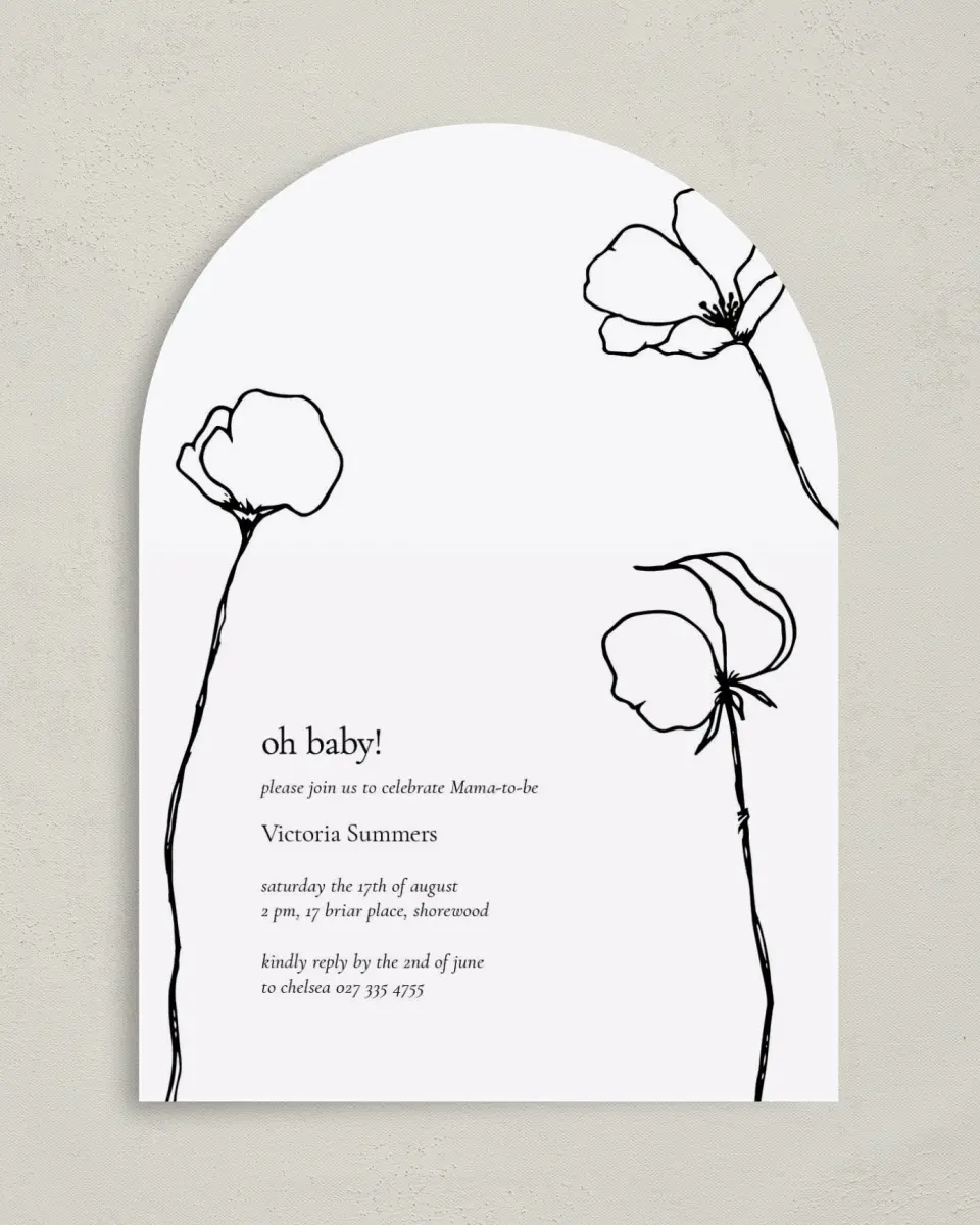 This is a 5" x 7" Baby Shower Invitation called Budding Poppies printed in full color on Premium Smooth paper