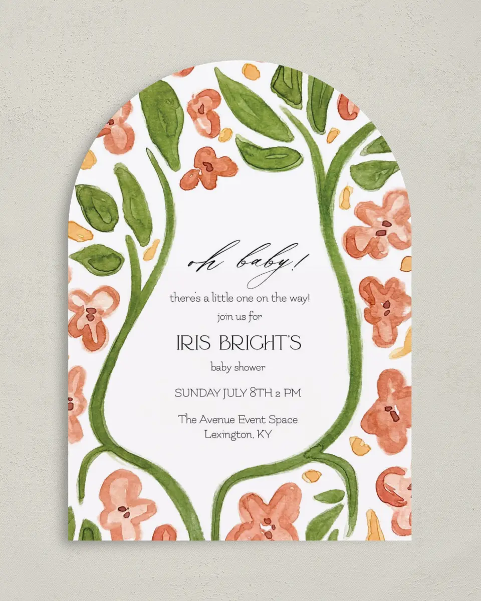This is a 5" x 7" Baby Shower Invitation called Nursery Blooms printed in full color on Premium Smooth paper