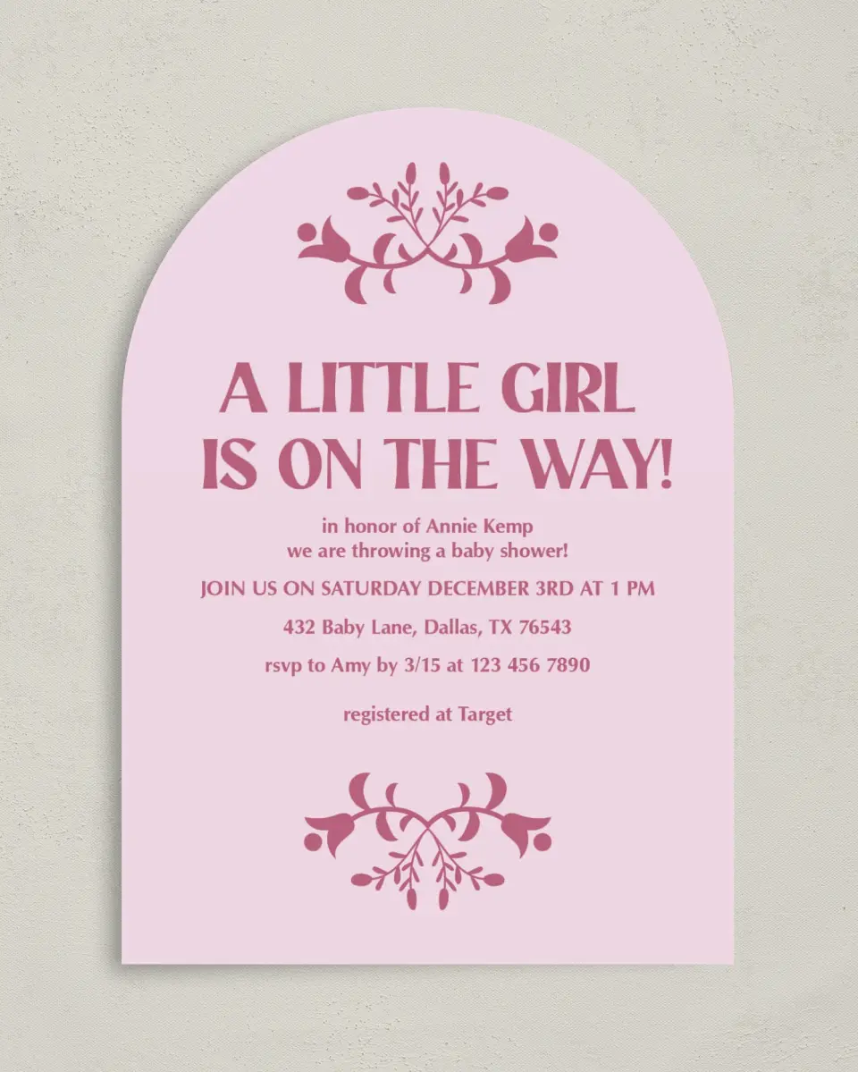 This is a 5" x 7" Baby Shower Invitation called Pink Party printed in full color on Premium Smooth paper