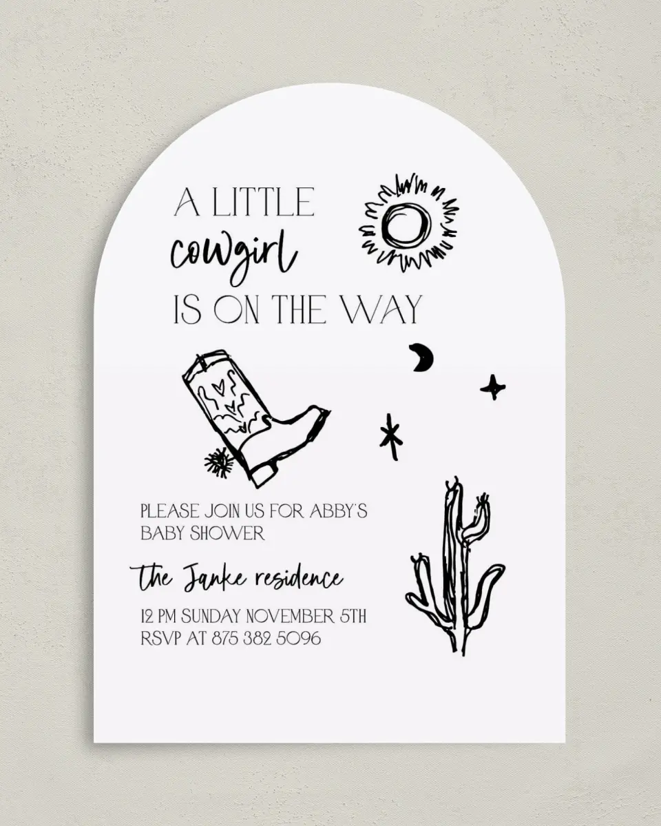 This is a 5" x 7" Baby Shower Invitation called Little Cowgirl printed in full color on Premium Smooth paper