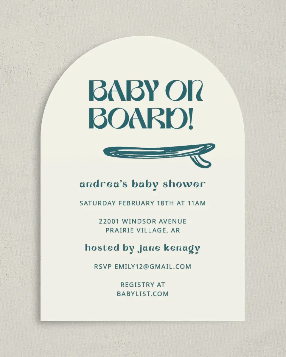 This is a 5" x 7" Baby Shower Invitation called Ready For Surf printed in full color on Premium Smooth paper