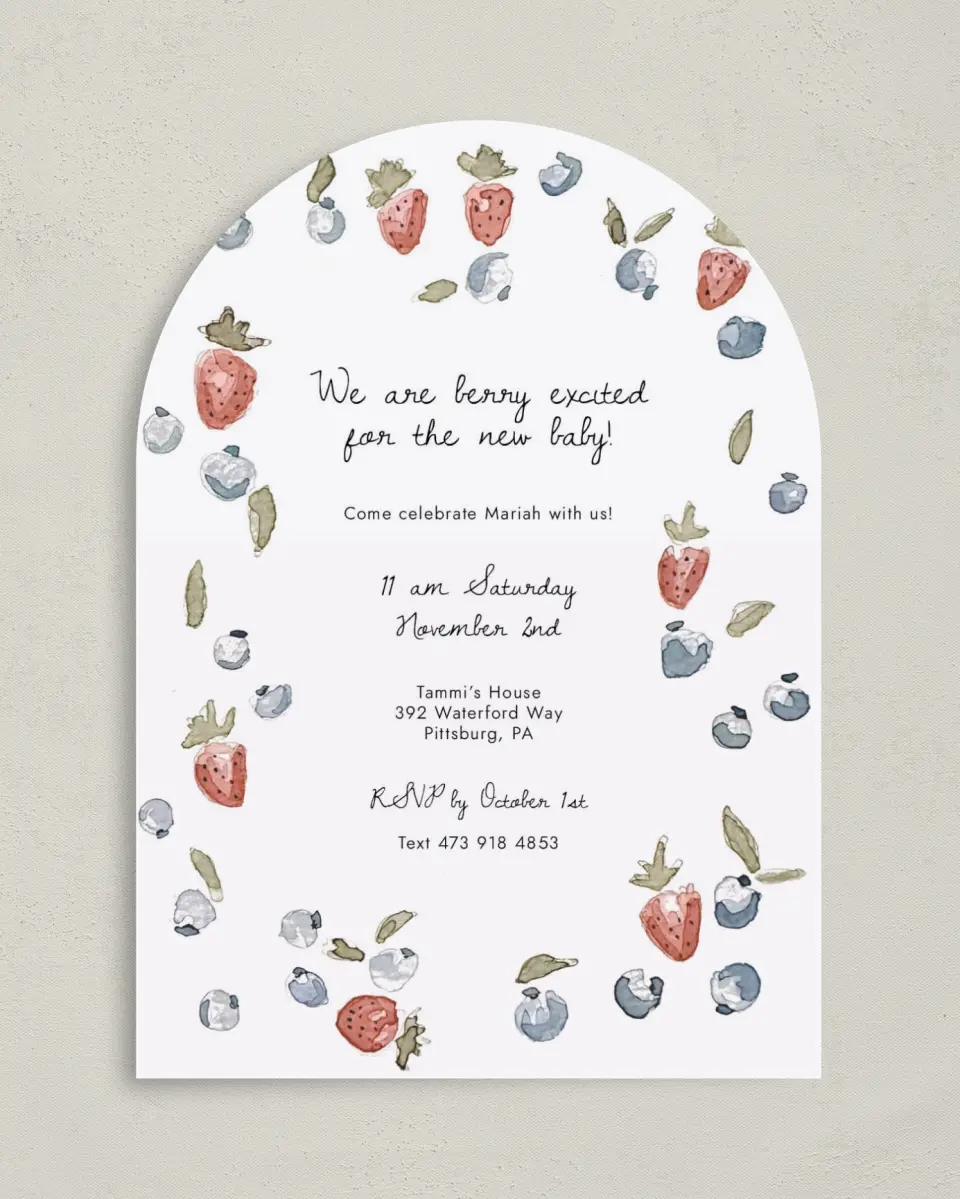 This is a 5" x 7" Baby Shower Invitation called Baby Berries printed in full color on Premium Smooth paper