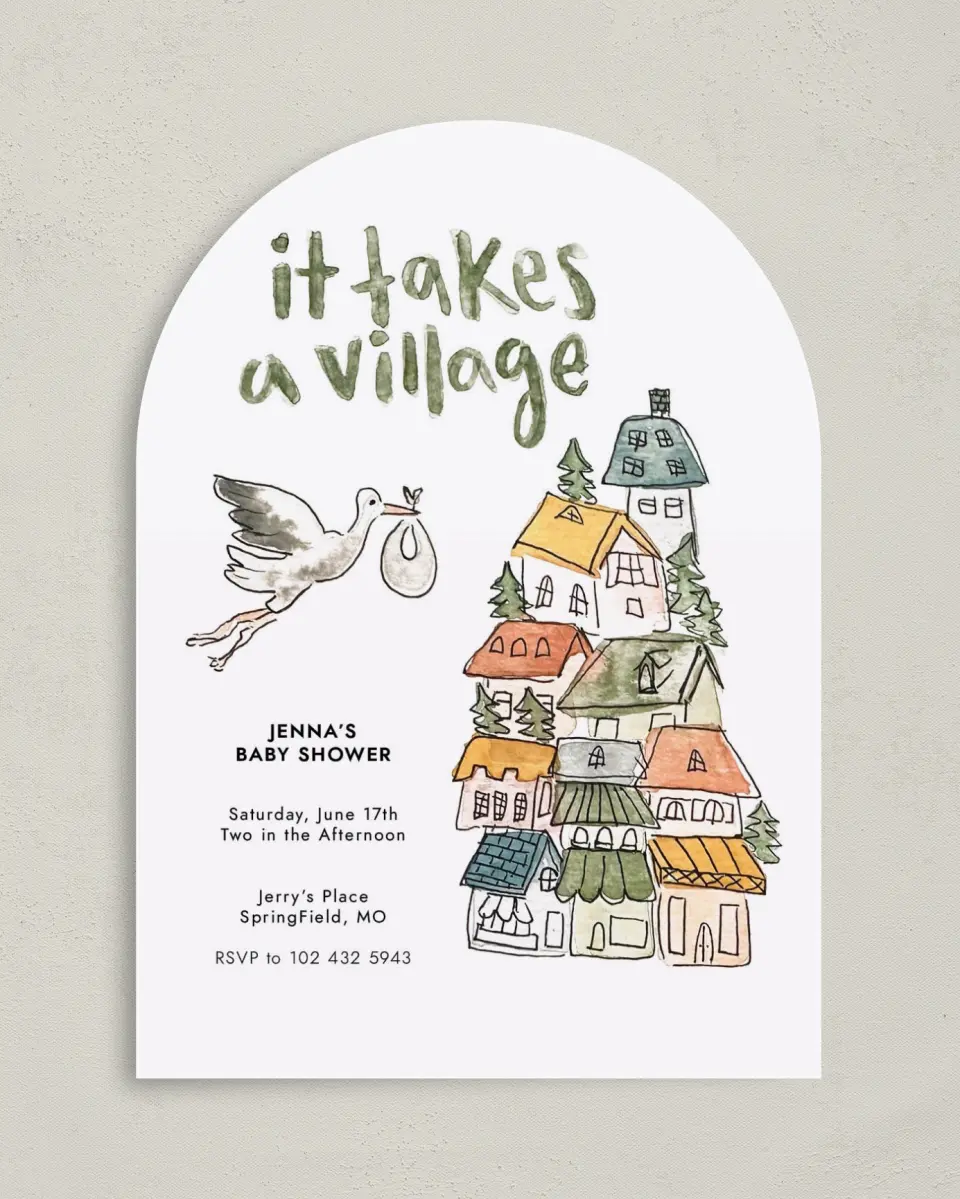 This is a 5" x 7" Baby Shower Invitation called Little Villa Surprise printed in full color on Premium Smooth paper