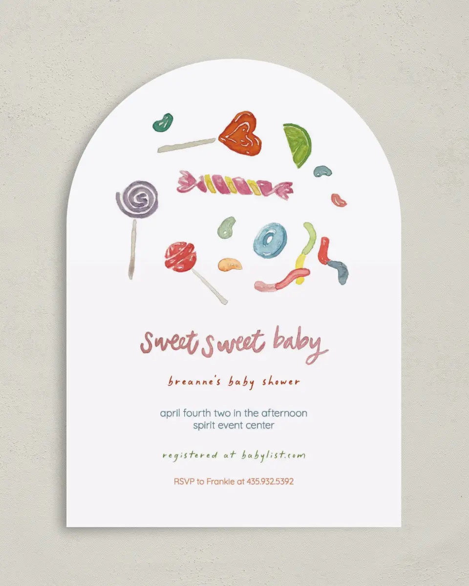 This is a 5" x 7" Baby Shower Invitation called Sweet Surprise printed in full color on Premium Smooth paper