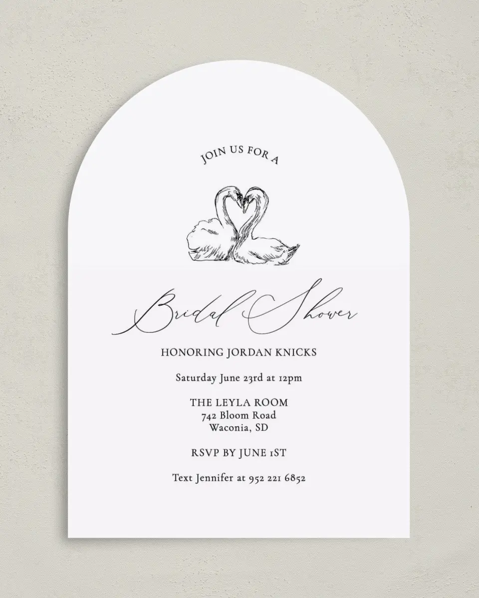 This is a 5" x 7" Bridal Shower Invitation called Stunning Swans printed in full color on Premium Smooth paper