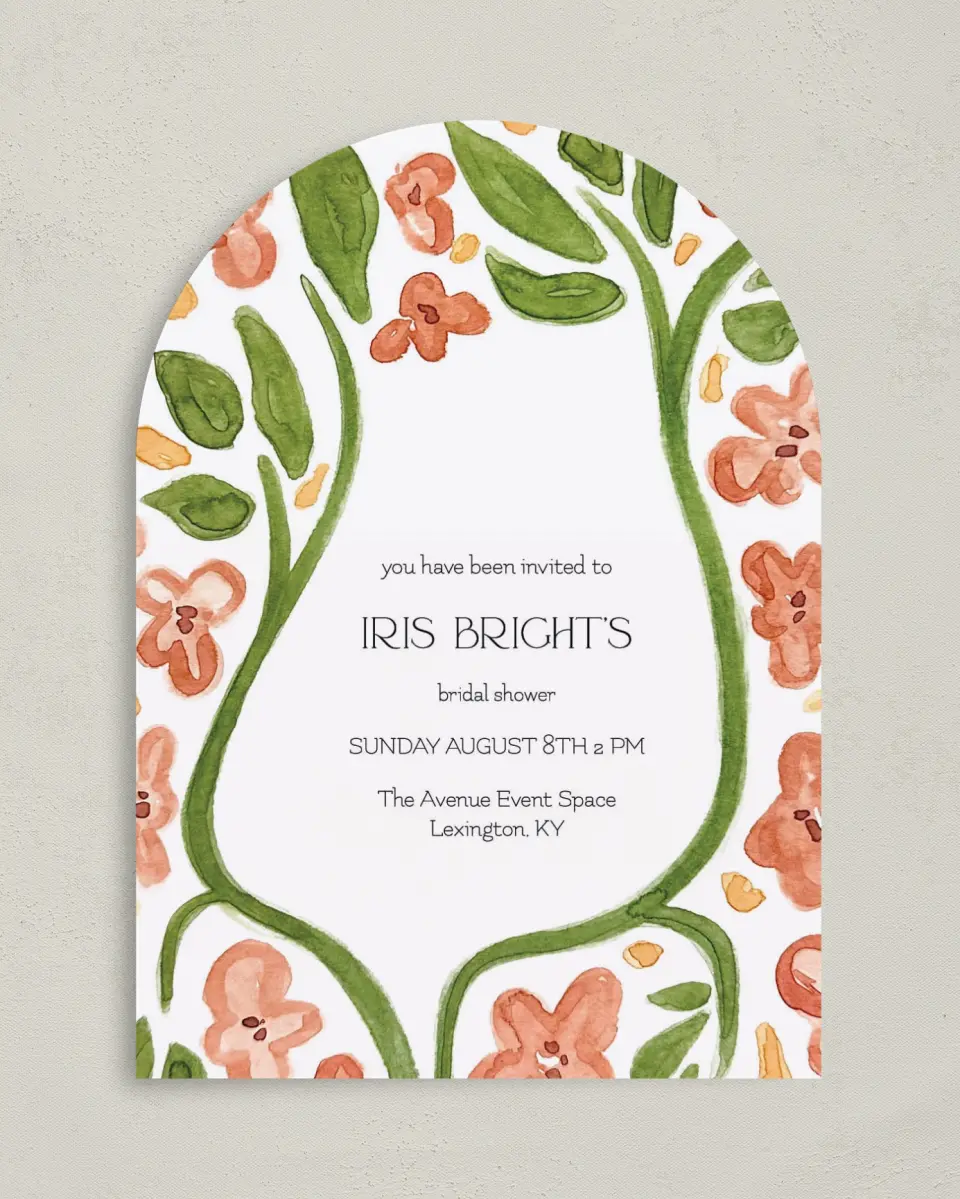 This is a 5" x 7" Bridal Shower Invitation called Budding Blooms printed in full color on Premium Smooth paper