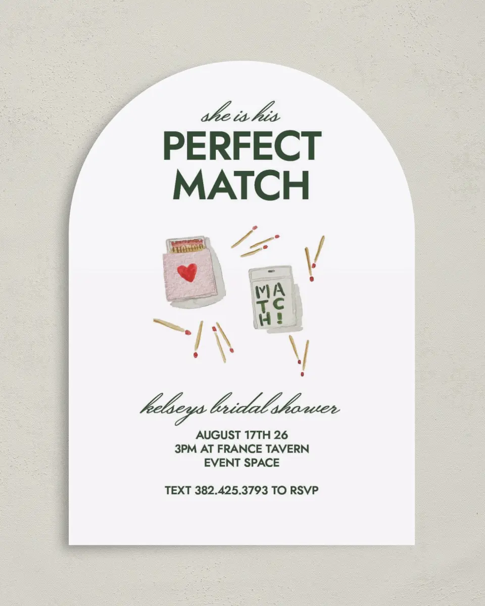 This is a 5" x 7" Bridal Shower Invitation called Perfect Match printed in full color on Premium Smooth paper