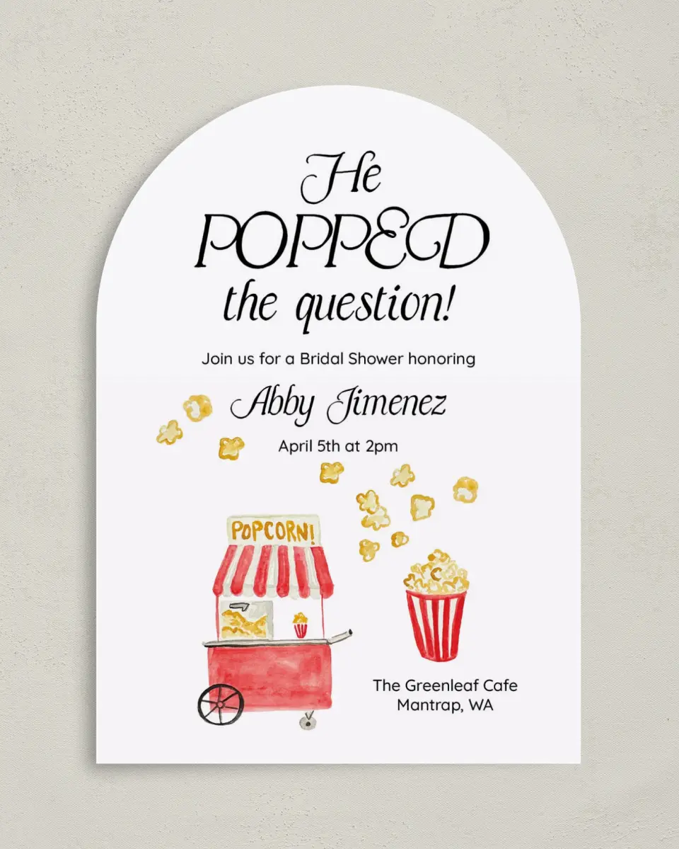 This is a 5" x 7" Bridal Shower Invitation called Popped the Question printed in full color with Rose Gold foil on Luxe Satin paper