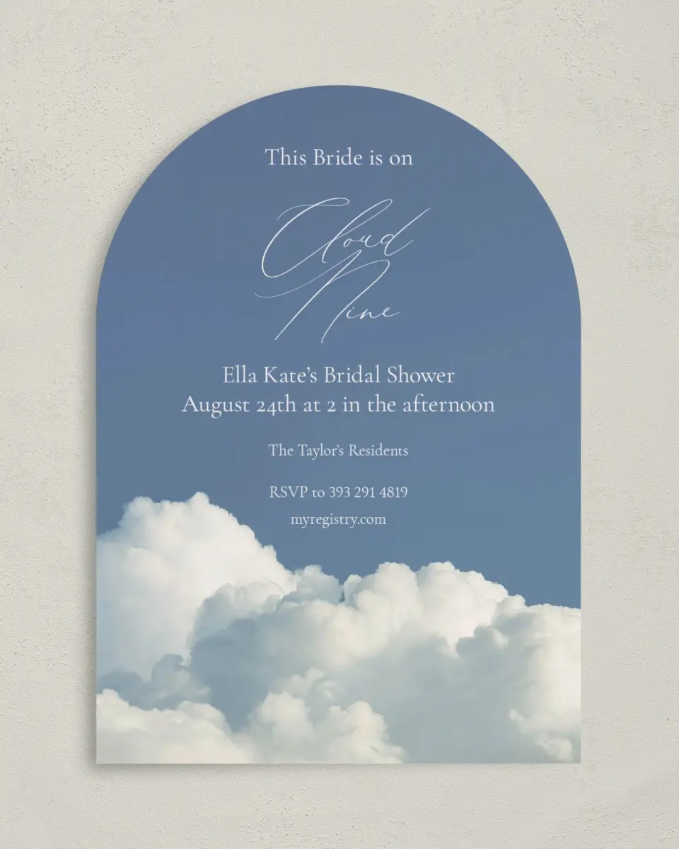 This is a 5" x 7" Bridal Shower Invitation called Cloud 9 printed in full color on Premium Smooth paper