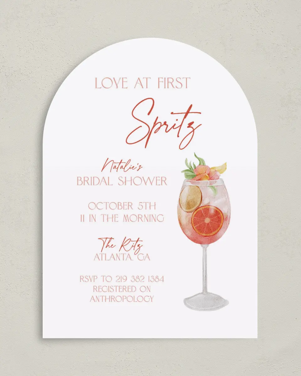This is a 5" x 7" Bridal Shower Invitation called Love at First Spritz printed in full color on Premium Smooth paper