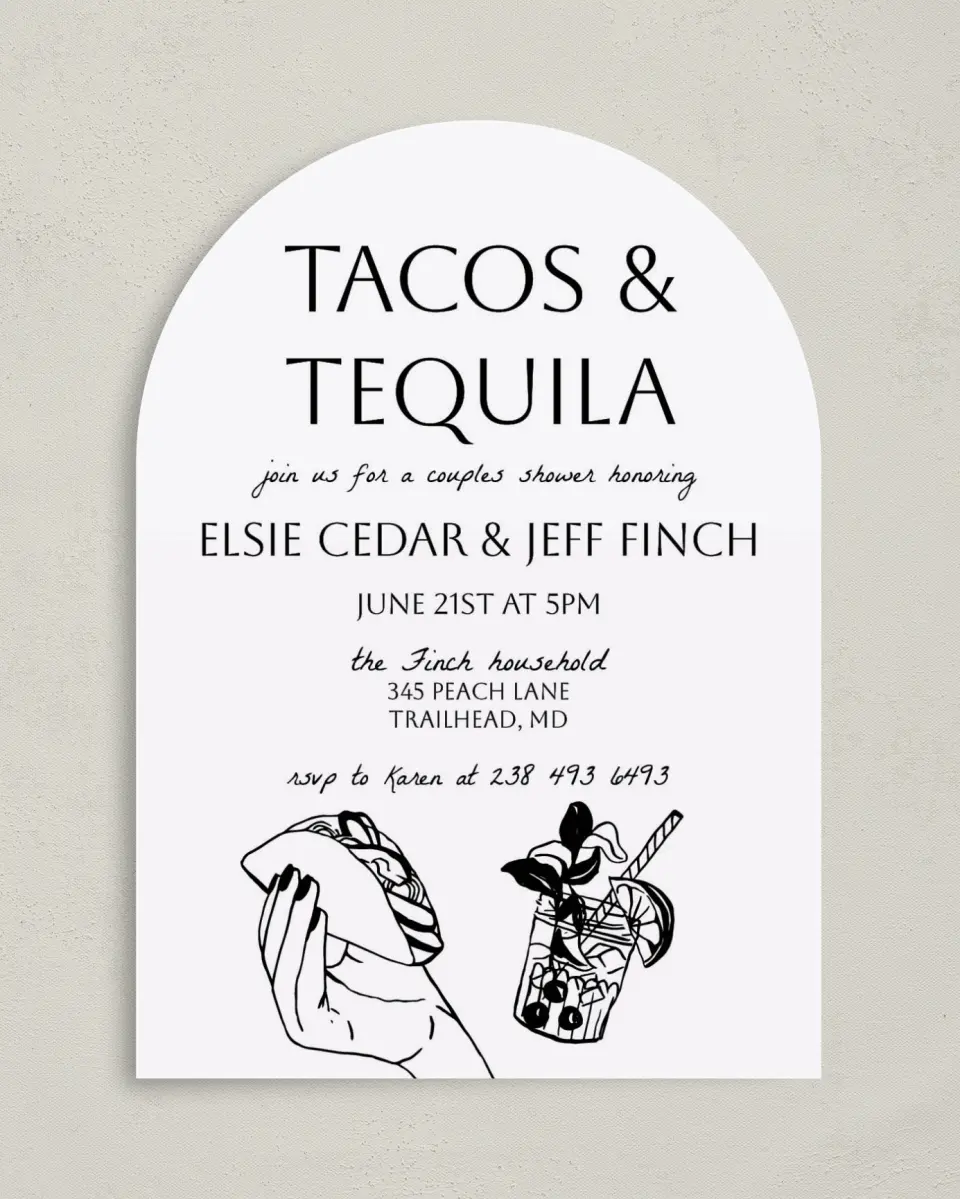 This is a 5" x 7" Bridal Shower Invitation called Click Your Drink printed in full color with Gold foil on Luxe Satin paper