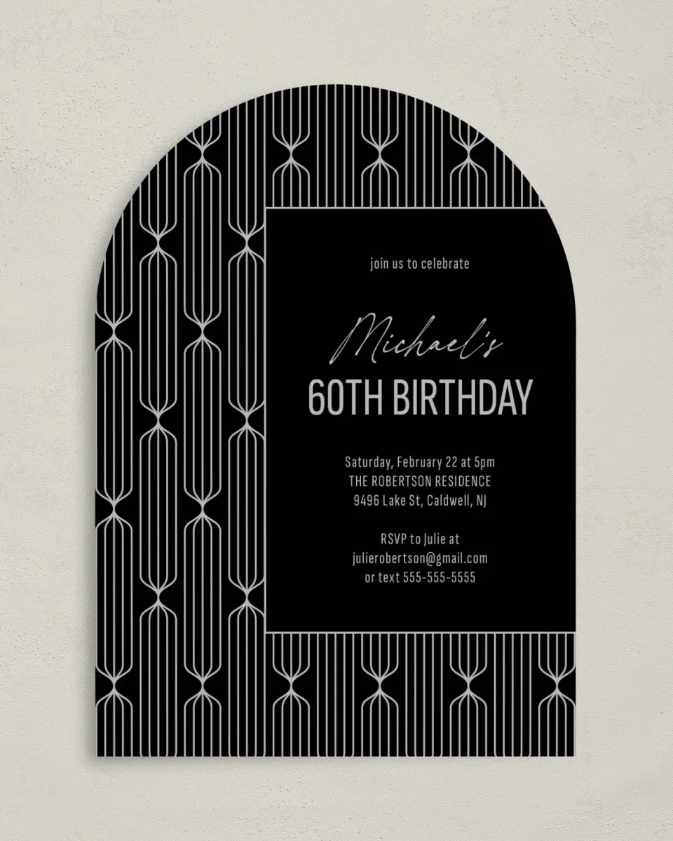 This is a 5" x 7" Birthday Party Invitation called Silver & Sleek printed in full color on Premium Smooth paper
