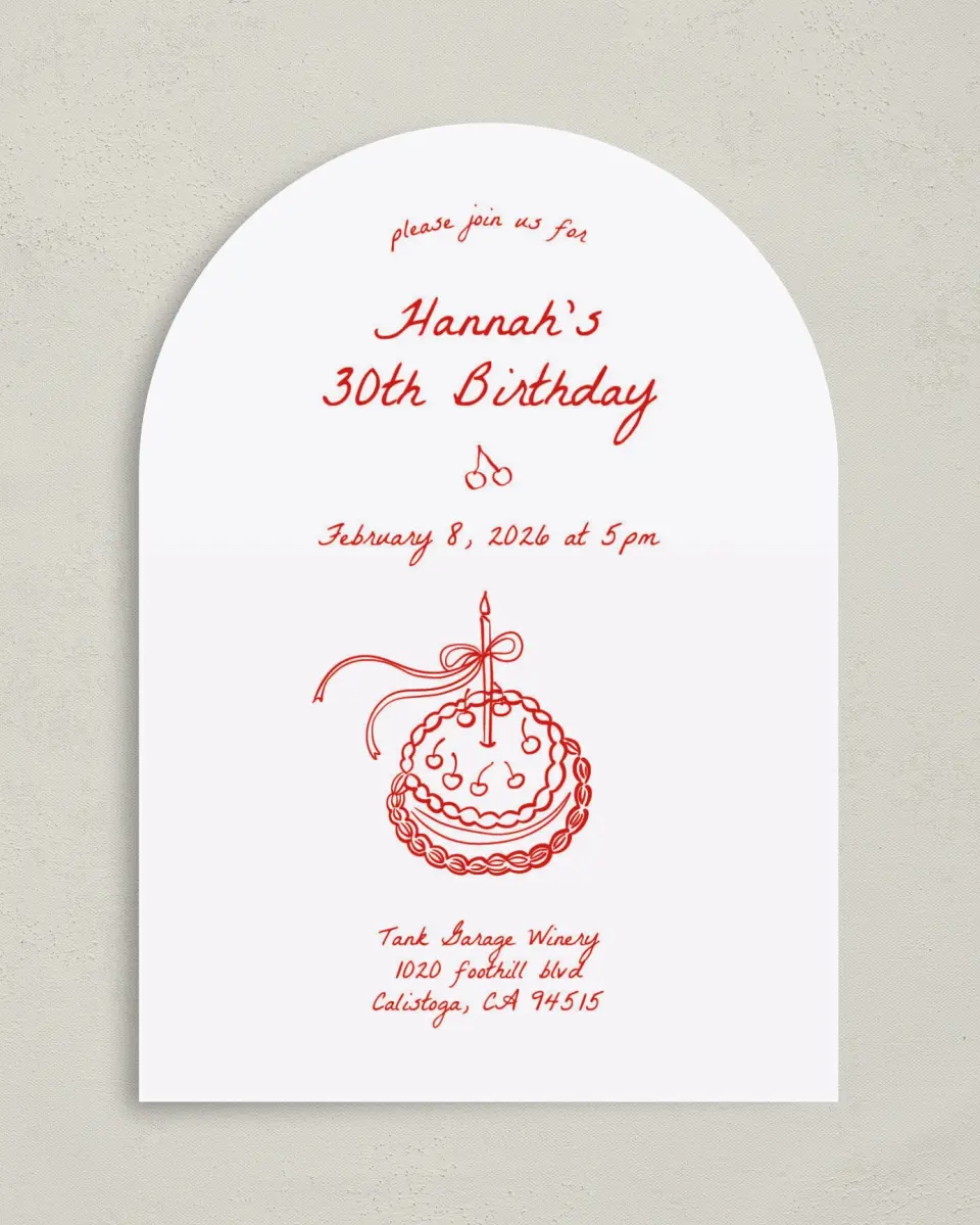 This is a 5" x 7" Birthday Party Invitation called Charming Cake printed in full color on Premium Smooth paper