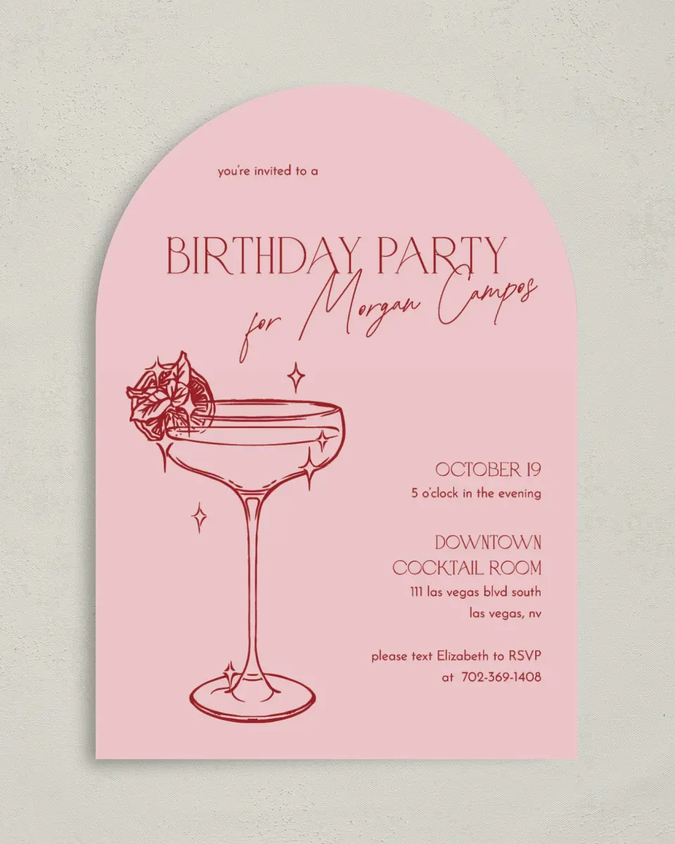 This is a 5" x 7" Birthday Party Invitation called Cocktail Hour printed in full color on Premium Smooth paper