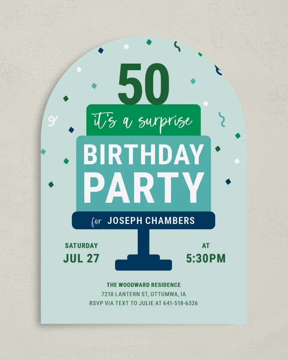 This is a 5" x 7" Birthday Party Invitation called Stacked Surprise printed in full color on Premium Smooth paper