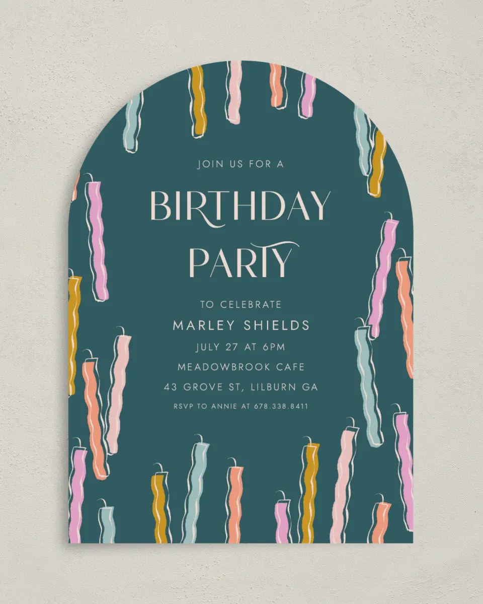 This is a 5" x 7" Birthday Party Invitation called Candle Craze printed in full color on Premium Smooth paper