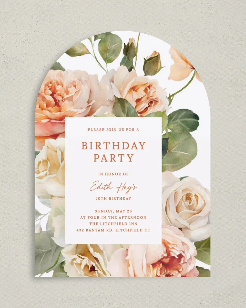 This is a 5" x 7" Birthday Party Invitation called Rose Garden printed in full color on Premium Smooth paper