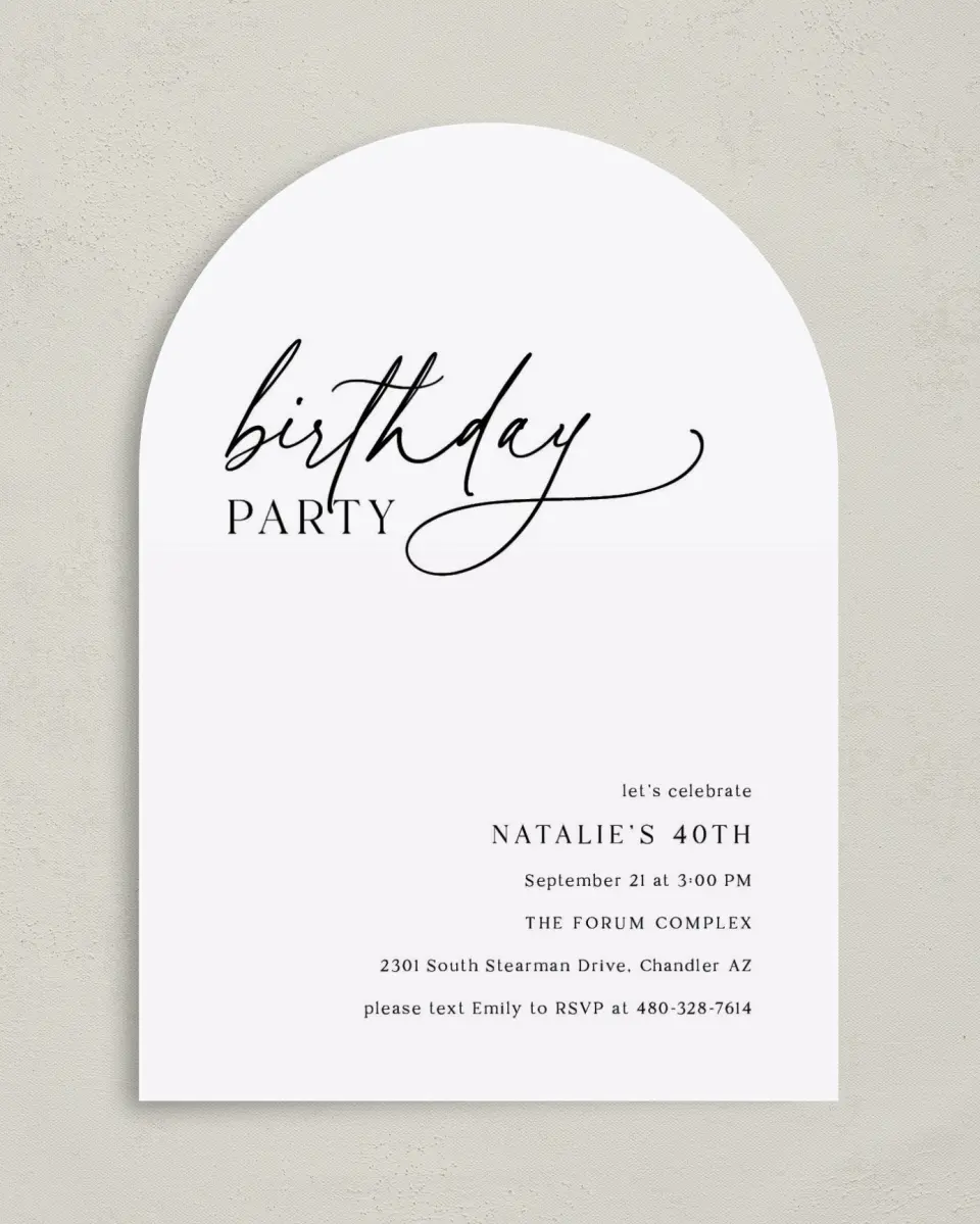 This is a 5" x 7" Birthday Party Invitation called Simply Scripted printed in full color on Premium Smooth paper