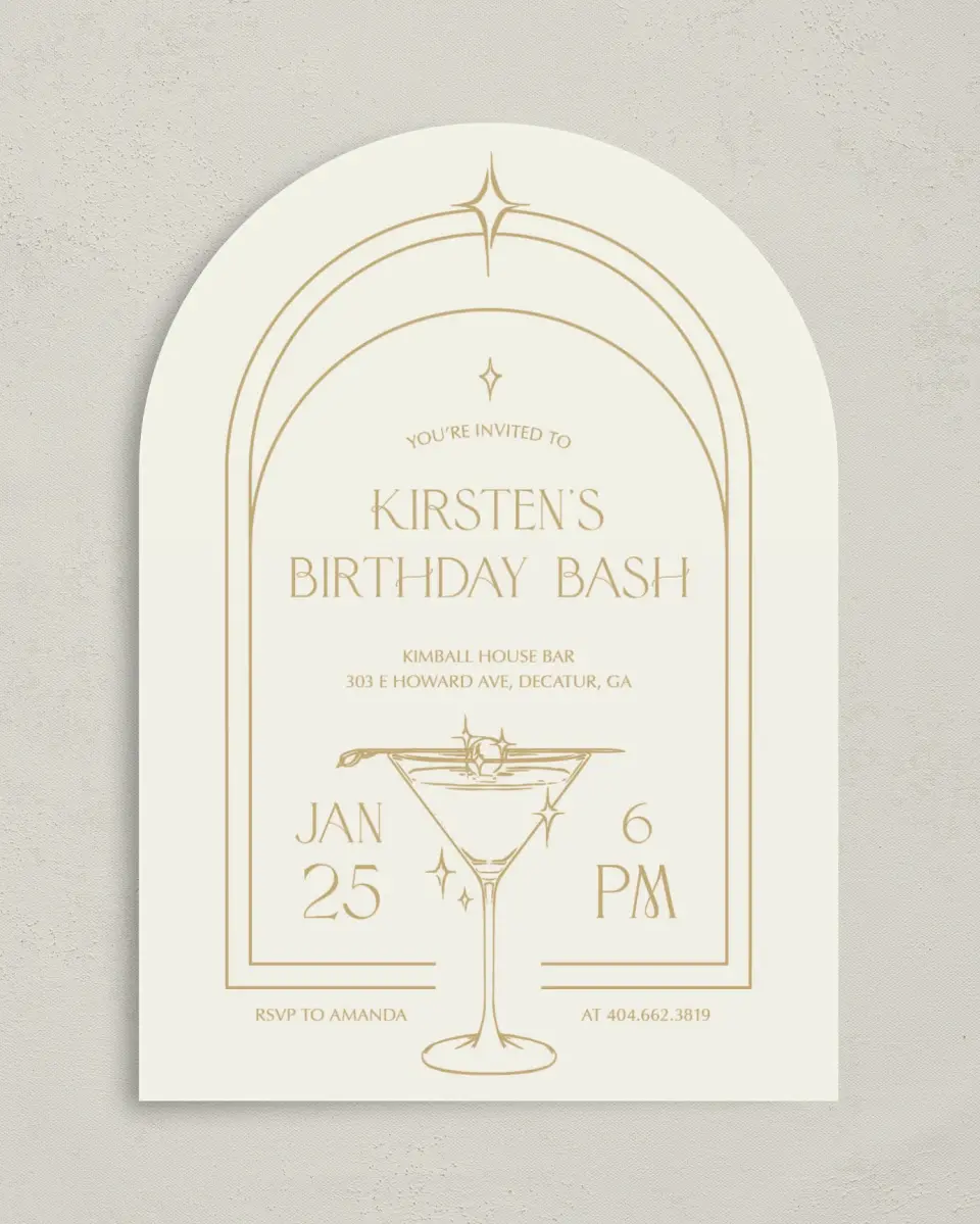 This is a 5" x 7" Birthday Party Invitation called Sparkling Sips printed in full color on Premium Smooth paper