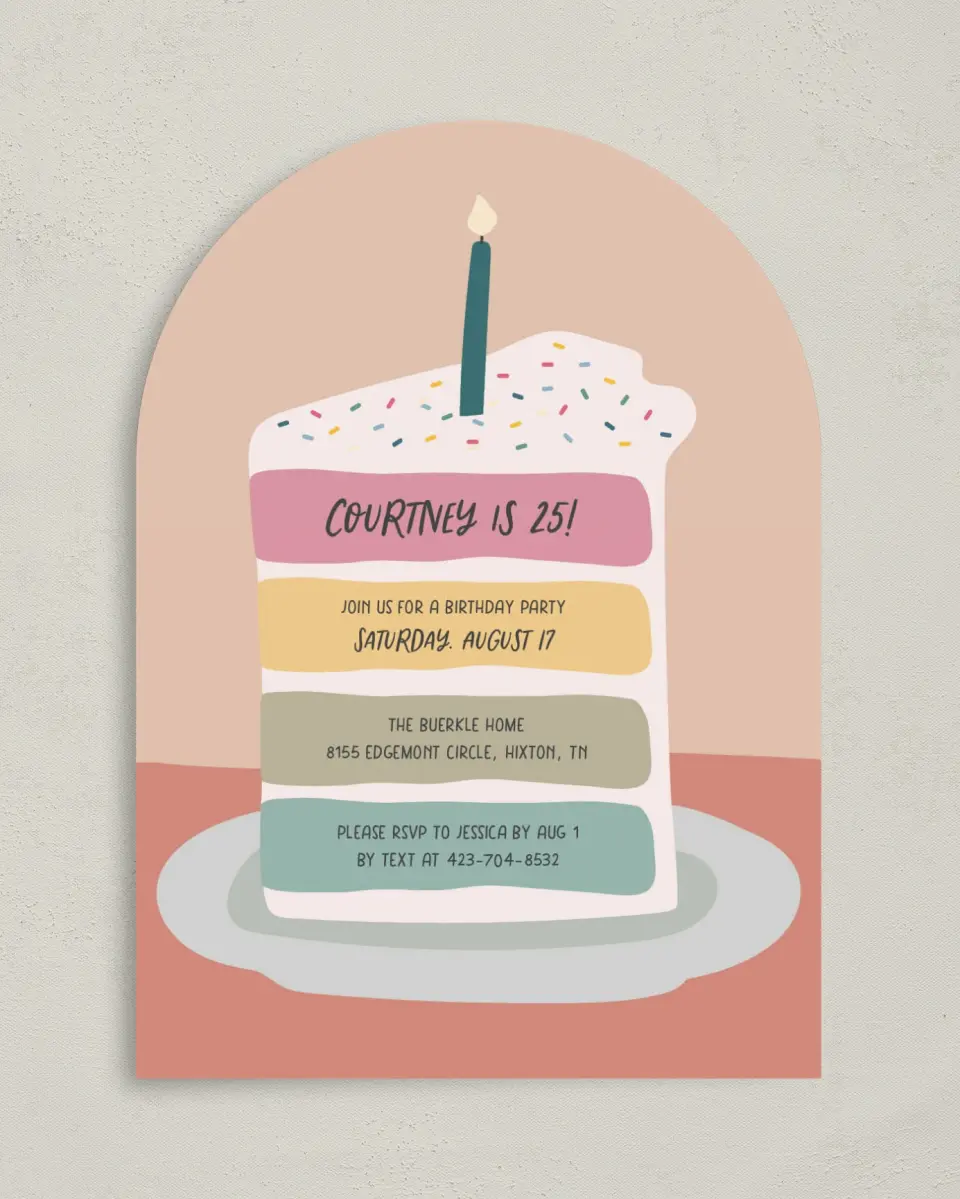 This is a 5" x 7" Birthday Party Invitation called Confetti Cake printed in full color on Premium Smooth paper