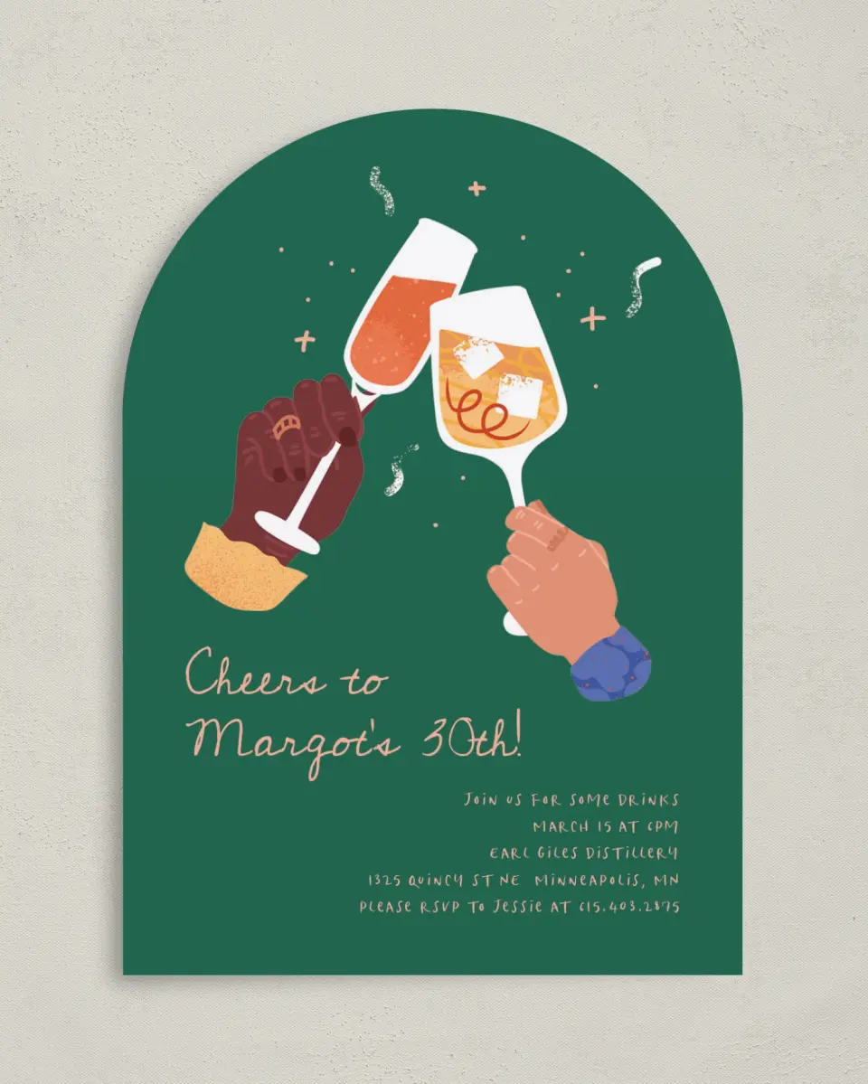 This is a 5" x 7" Birthday Party Invitation called Clink & Drink printed in full color on Premium Smooth paper