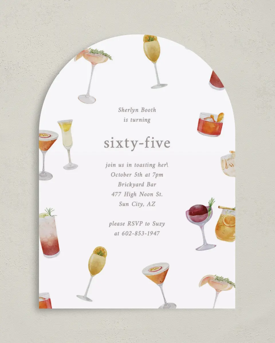 This is a 5" x 7" Birthday Party Invitation called Sophisticated Spirits printed in full color on Premium Smooth paper