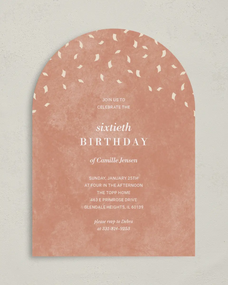 This is a 5" x 7" Birthday Party Invitation called Cascading Confetti printed in full color on Premium Smooth paper