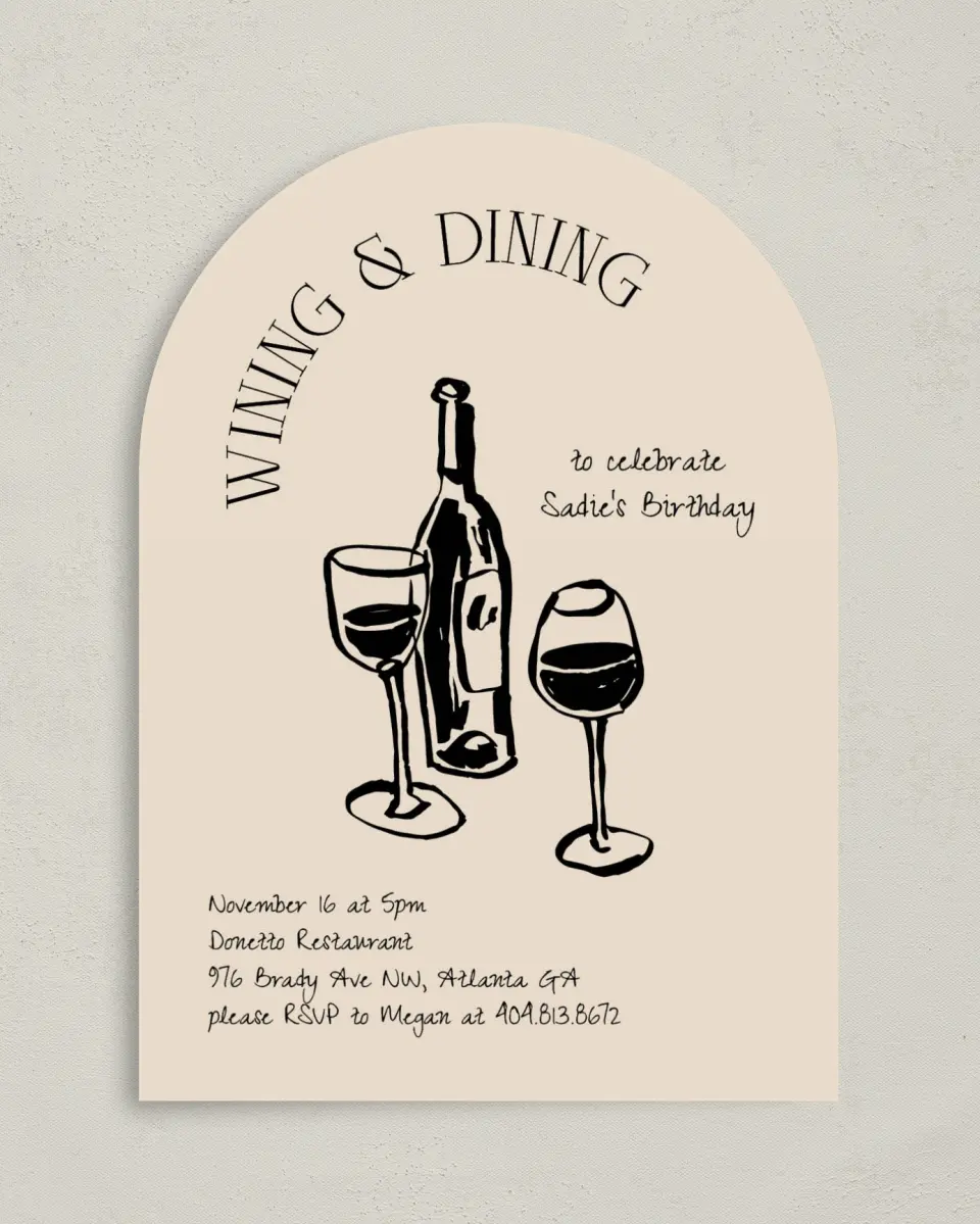 This is a 5" x 7" Birthday Party Invitation called Wining & Dining printed in full color on Premium Smooth paper
