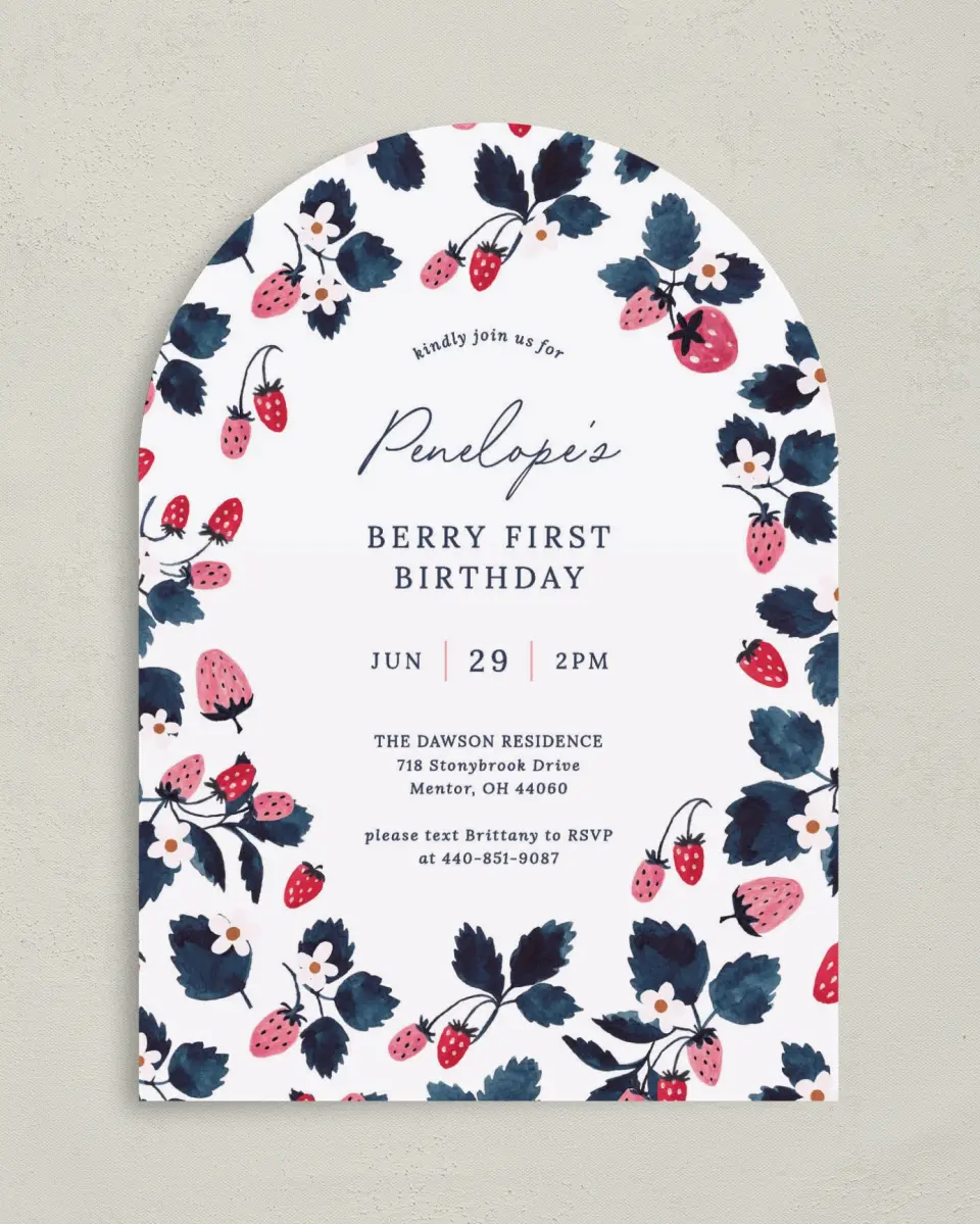 This is a 5" x 7" Birthday Party Invitation called Berry First printed in full color on Premium Smooth paper