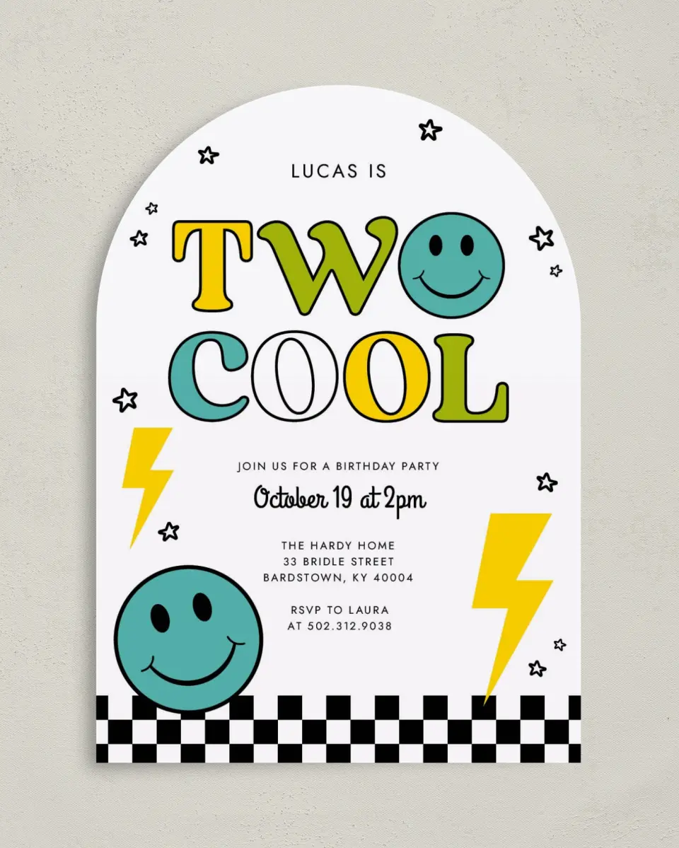 This is a 5" x 7" Birthday Party Invitation called Two Cool printed in full color on Premium Smooth paper