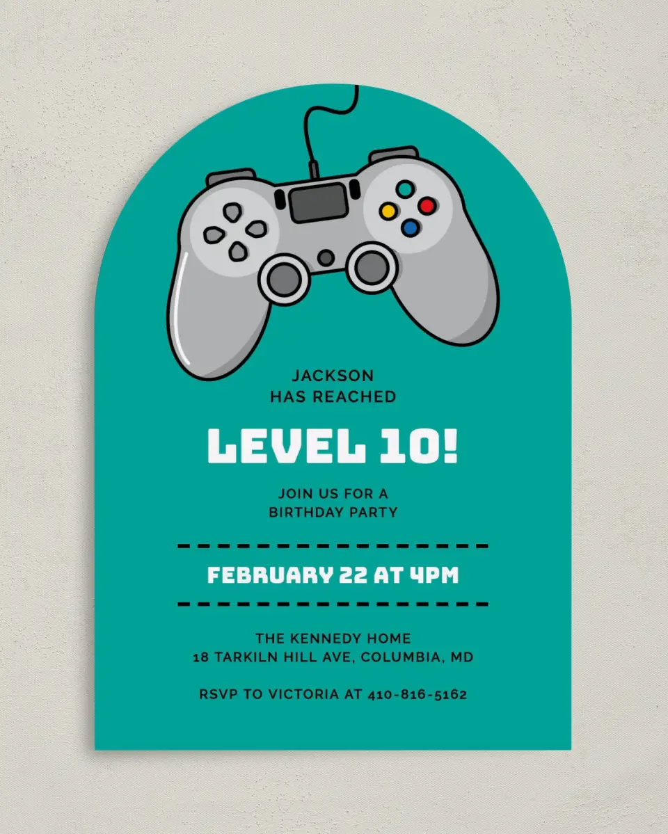 This is a 5" x 7" Birthday Party Invitation called Level Up printed in full color on Premium Smooth paper