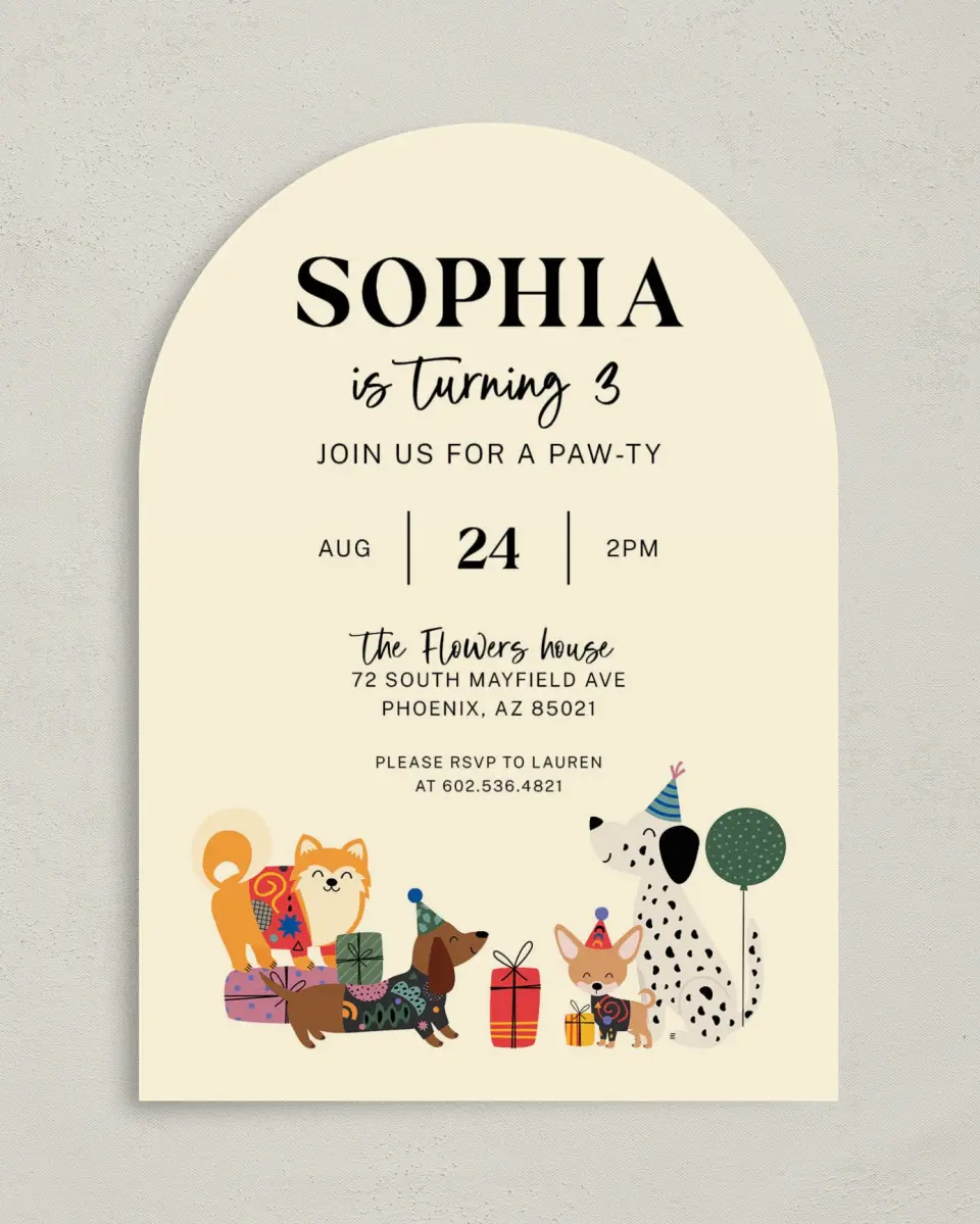 This is a 5" x 7" Birthday Party Invitation called Party Pups printed in full color on Premium Smooth paper