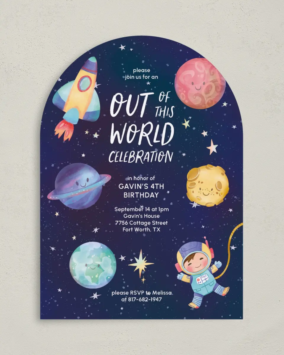 This is a 5" x 7" Birthday Party Invitation called Out of this World printed in full color on Premium Smooth paper