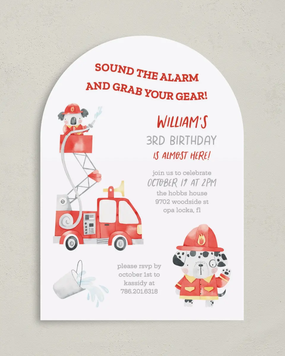 This is a 5" x 7" Birthday Party Invitation called Sound the Alarm printed in full color on Premium Smooth paper