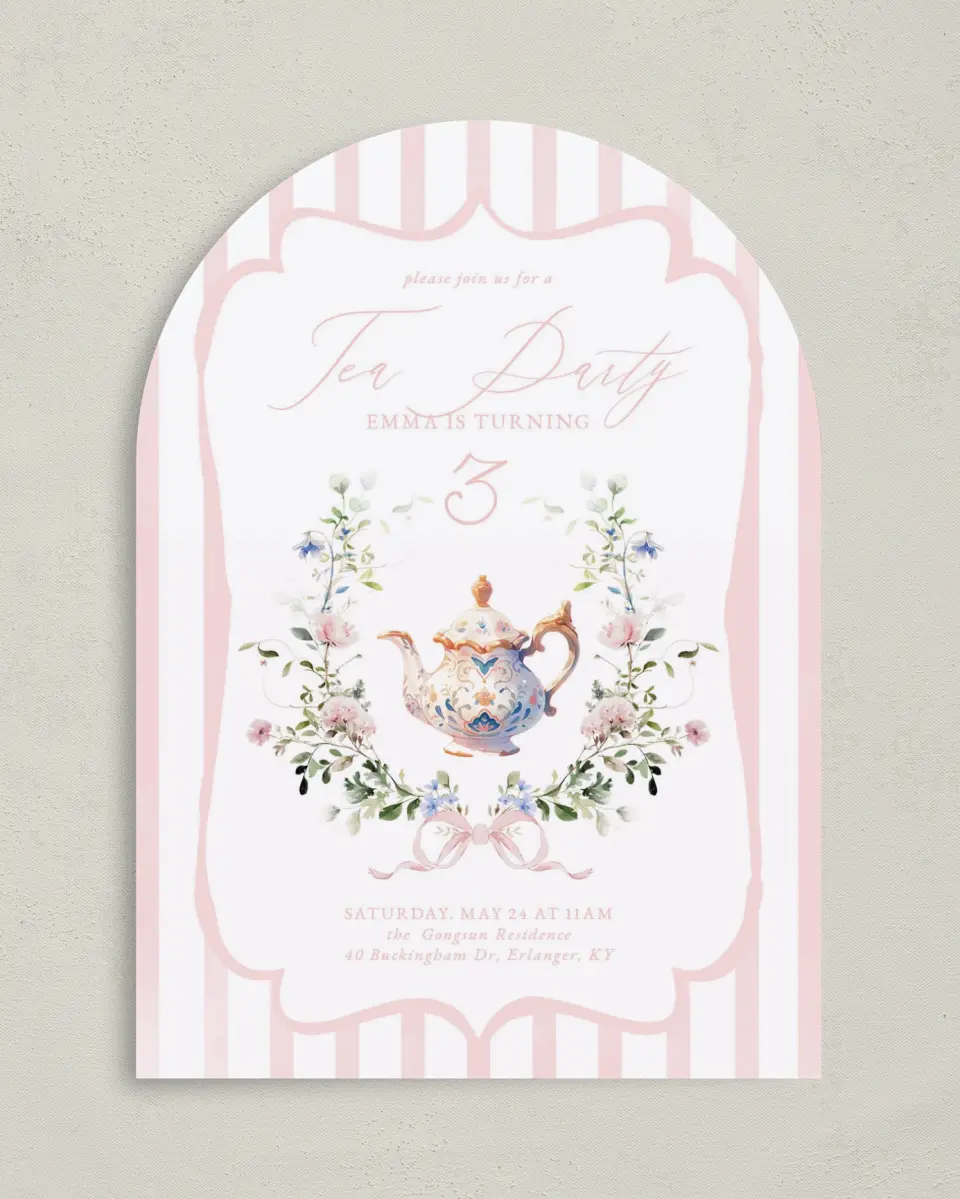 This is a 5" x 7" Birthday Party Invitation called Birthday Tea printed in full color on Premium Smooth paper