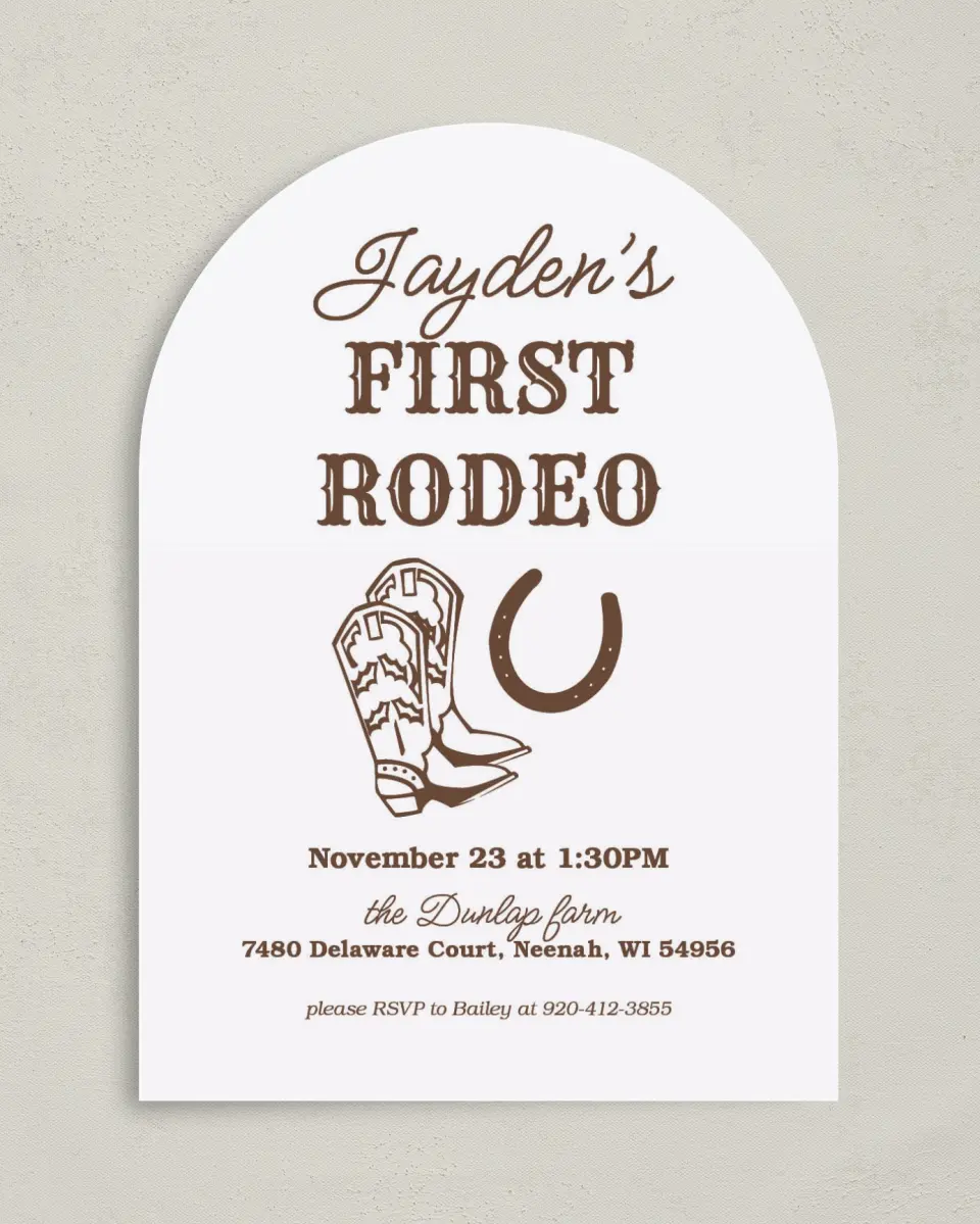 This is a 5" x 7" Birthday Party Invitation called First Rodeo printed in full color on Premium Smooth paper