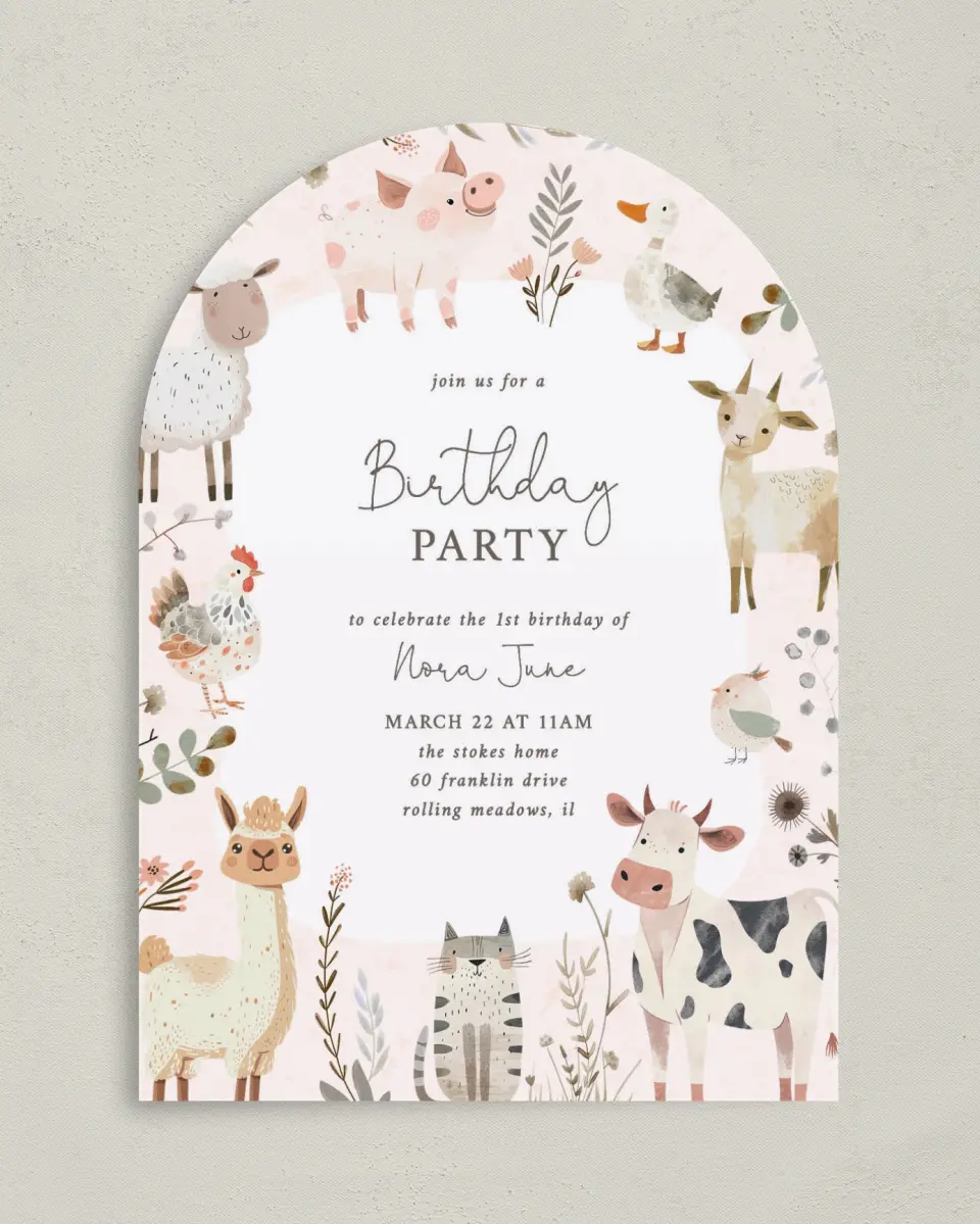This is a 5" x 7" Birthday Party Invitation called Farm Friends printed in full color on Premium Smooth paper