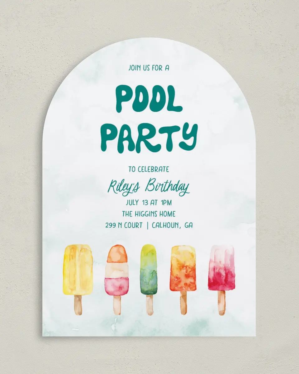 This is a 5" x 7" Birthday Party Invitation called Poolside Popsicles printed in full color on Premium Smooth paper