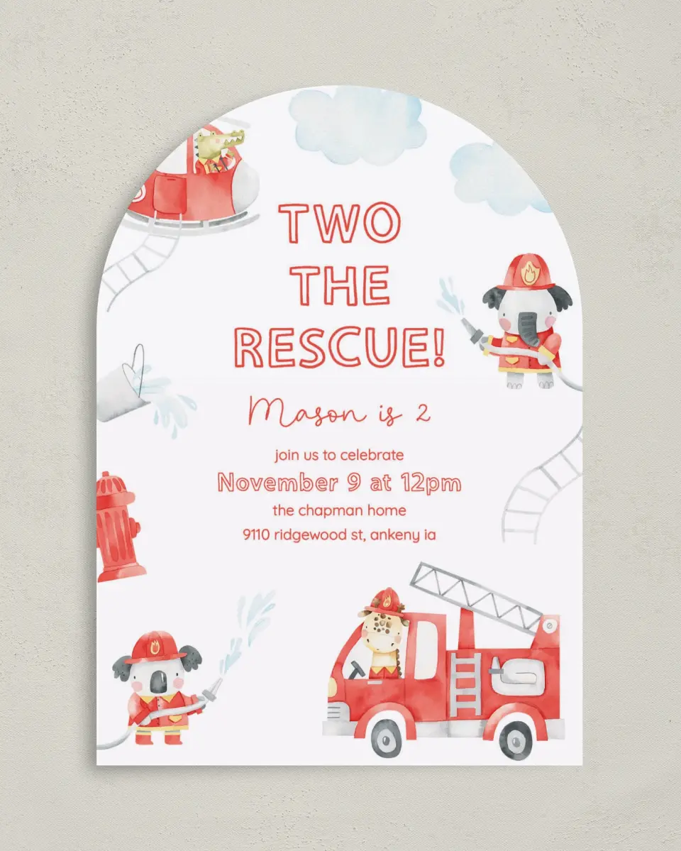This is a 5" x 7" Birthday Party Invitation called Two the Rescue printed in full color on Premium Smooth paper