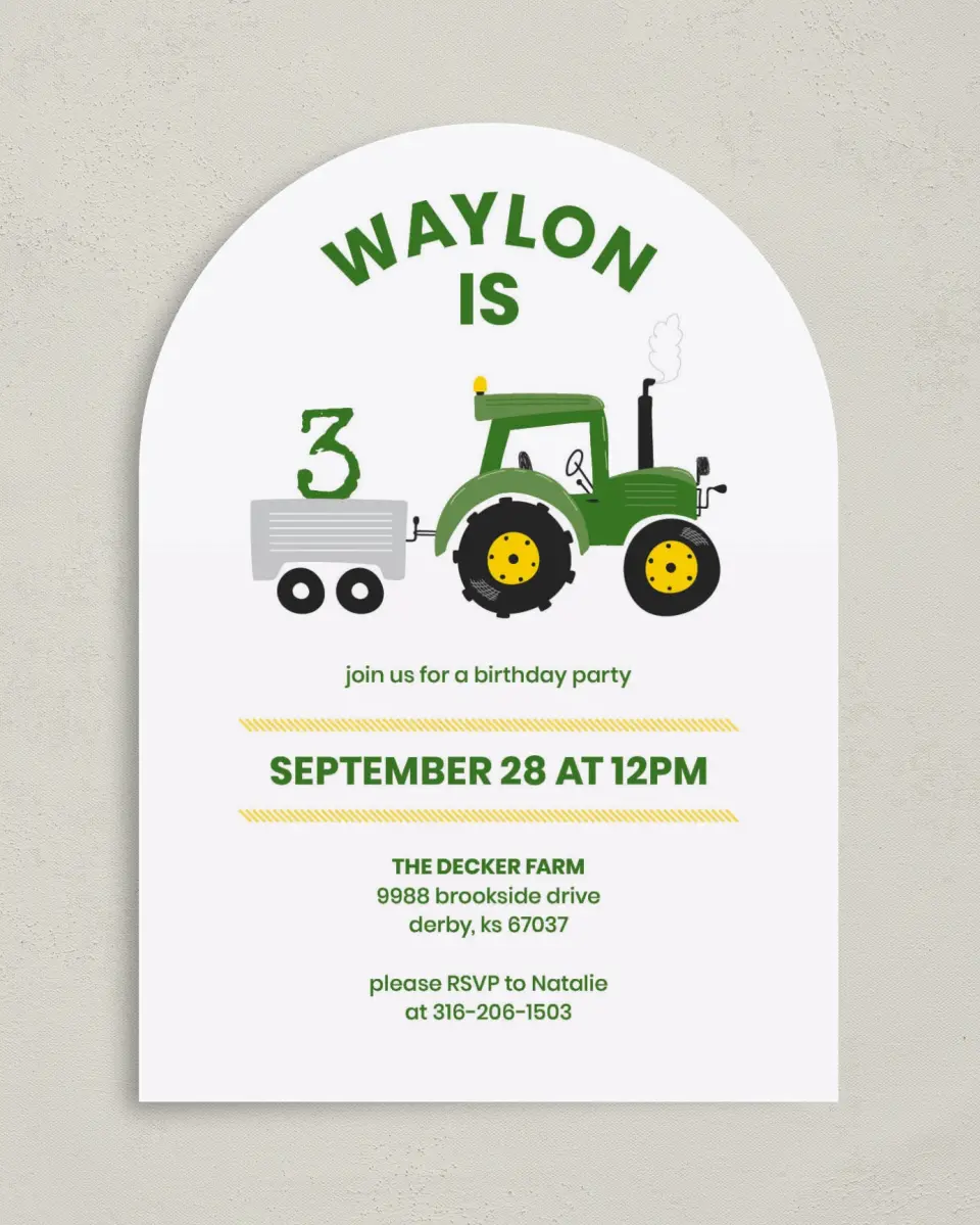 This is a 5" x 7" Birthday Party Invitation called Tractor Trek printed in full color on Premium Smooth paper