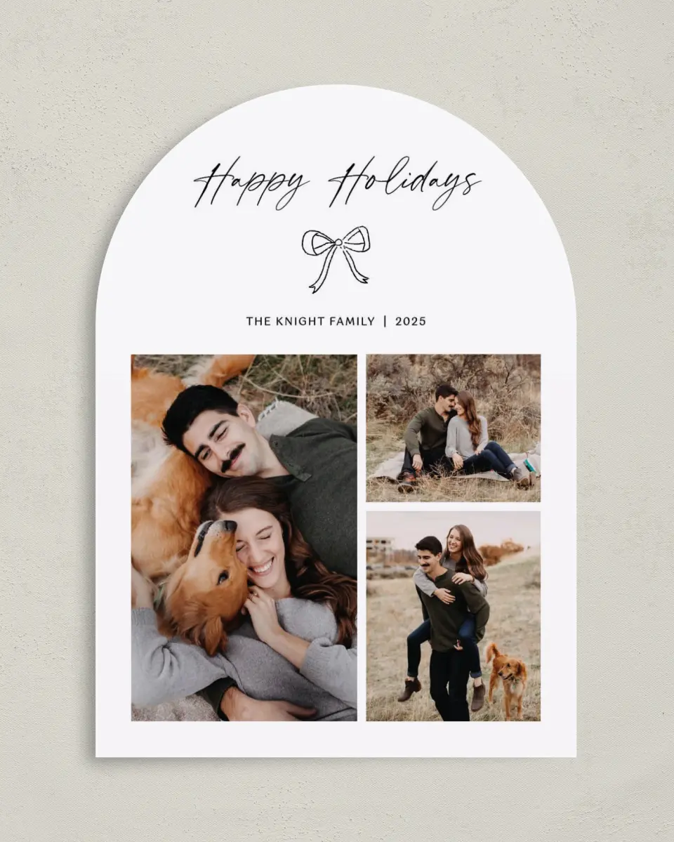 This is a 5" x 7" Christmas Card called Charming Bow printed in full color with Gold foil on Soft Suede (coated) paper