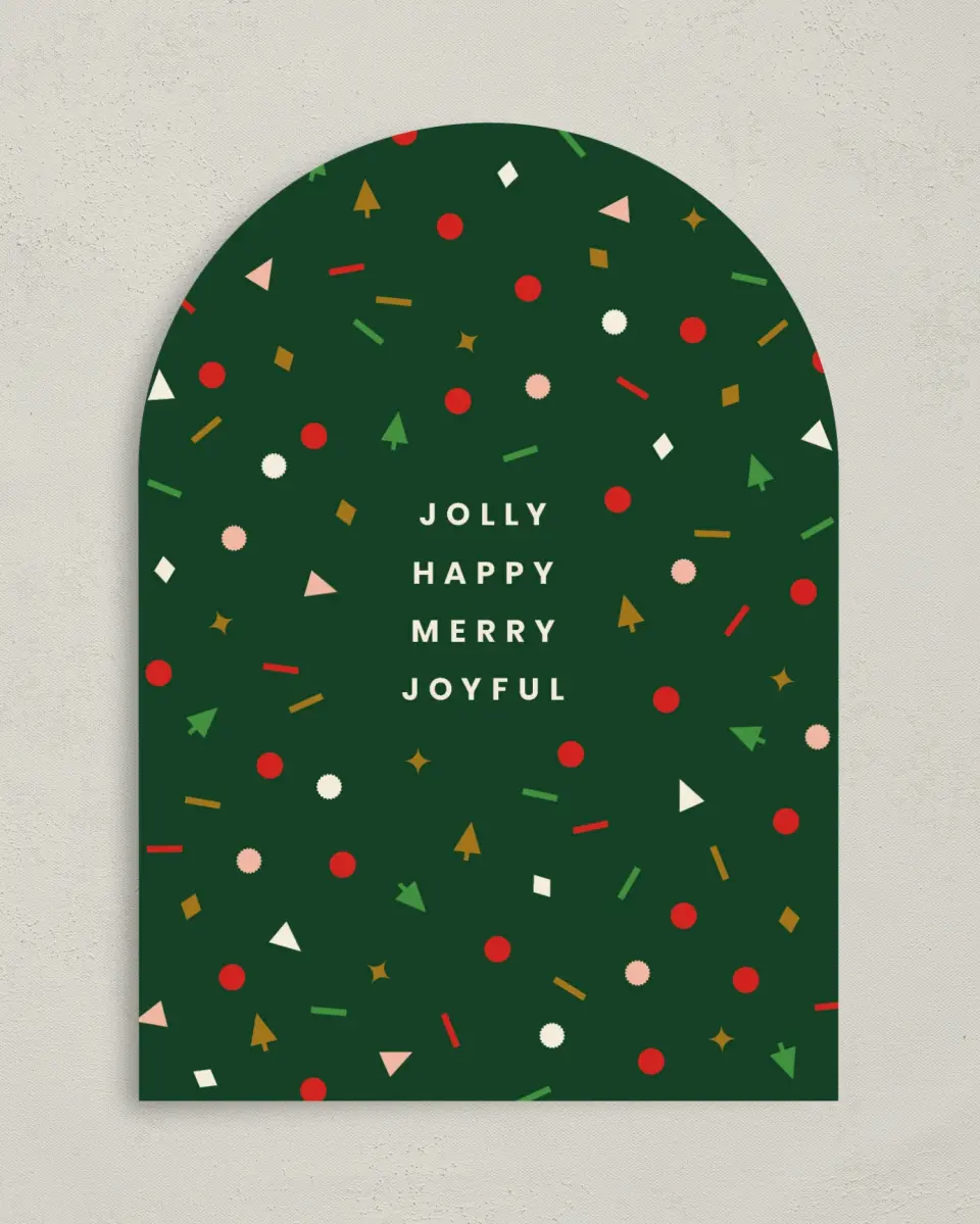 This is a 5" x 7" Christmas Card called Jolly & Joyful Confetti printed in full color on Premium Smooth paper