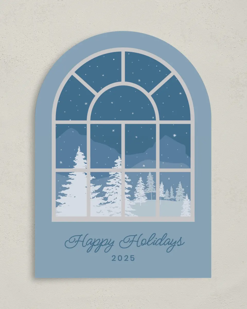 This is a 5" x 7" Christmas Card called Wistful Winter Window printed in full color on Premium Smooth paper