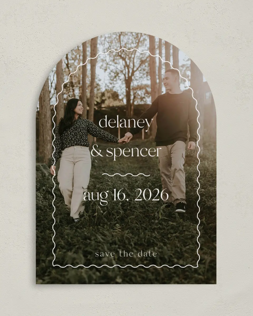 This is a 5" x 7" Arch Save the Date called The Delaney printed in full color on Premium Smooth paper