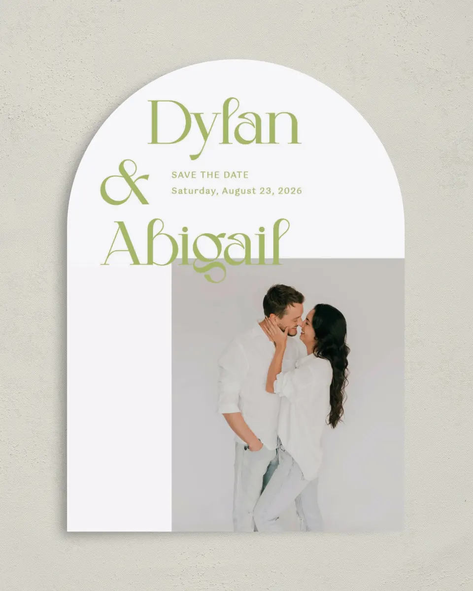 This is a 5" x 7" Arch Save the Date called The Abigail printed in full color on Premium Smooth paper