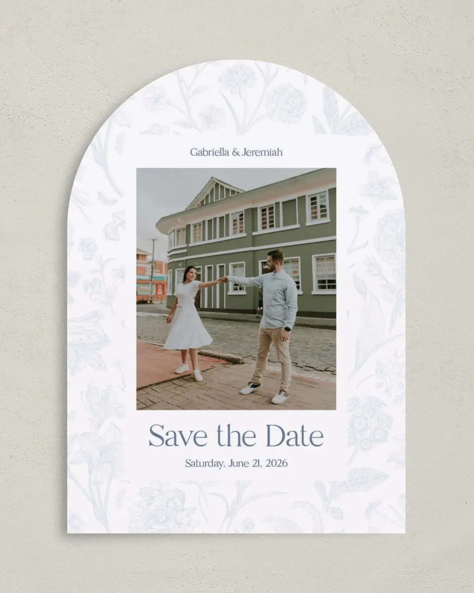 This is a 5" x 7" Arch Save the Date called The Gabriella printed in full color on Premium Smooth paper