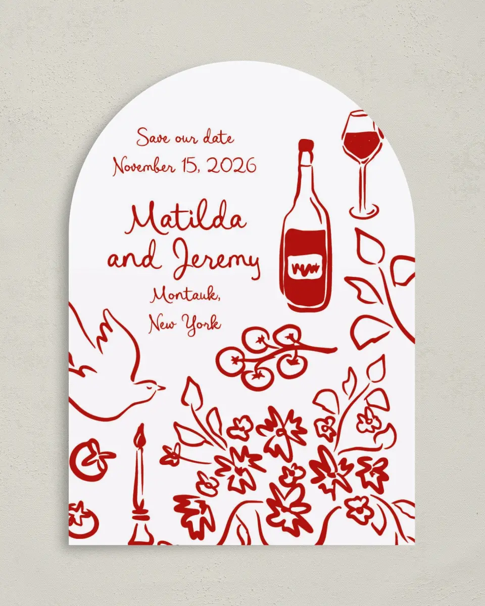 This is a 5" x 7" Arch Save the Date called Love Birds printed in full color with Gold foil on Luxe Satin paper