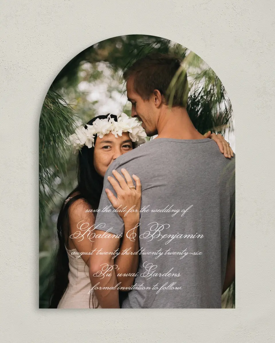 This is a 5" x 7" Arch Save the Date called Aloha Amore printed in full color on Premium Smooth paper